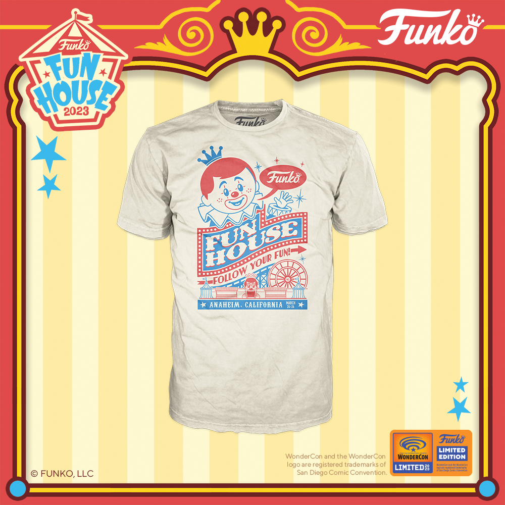2023 WonderCon exclusive Funko fan tee shirt, featuring Freddy Funko in a clown costume above a carnival.